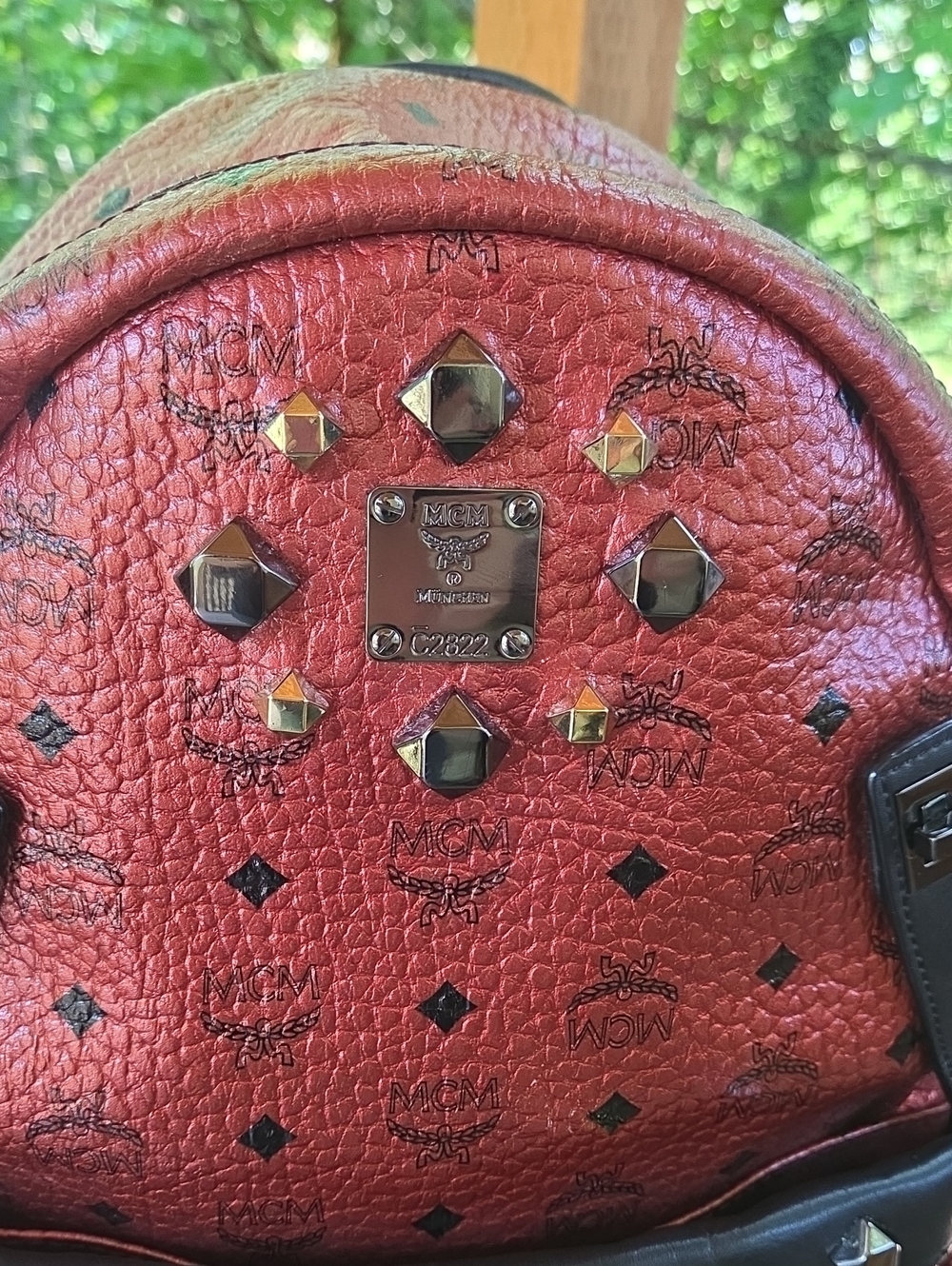 Large MCM Red  Studded Backpack - Picture 2 of 10